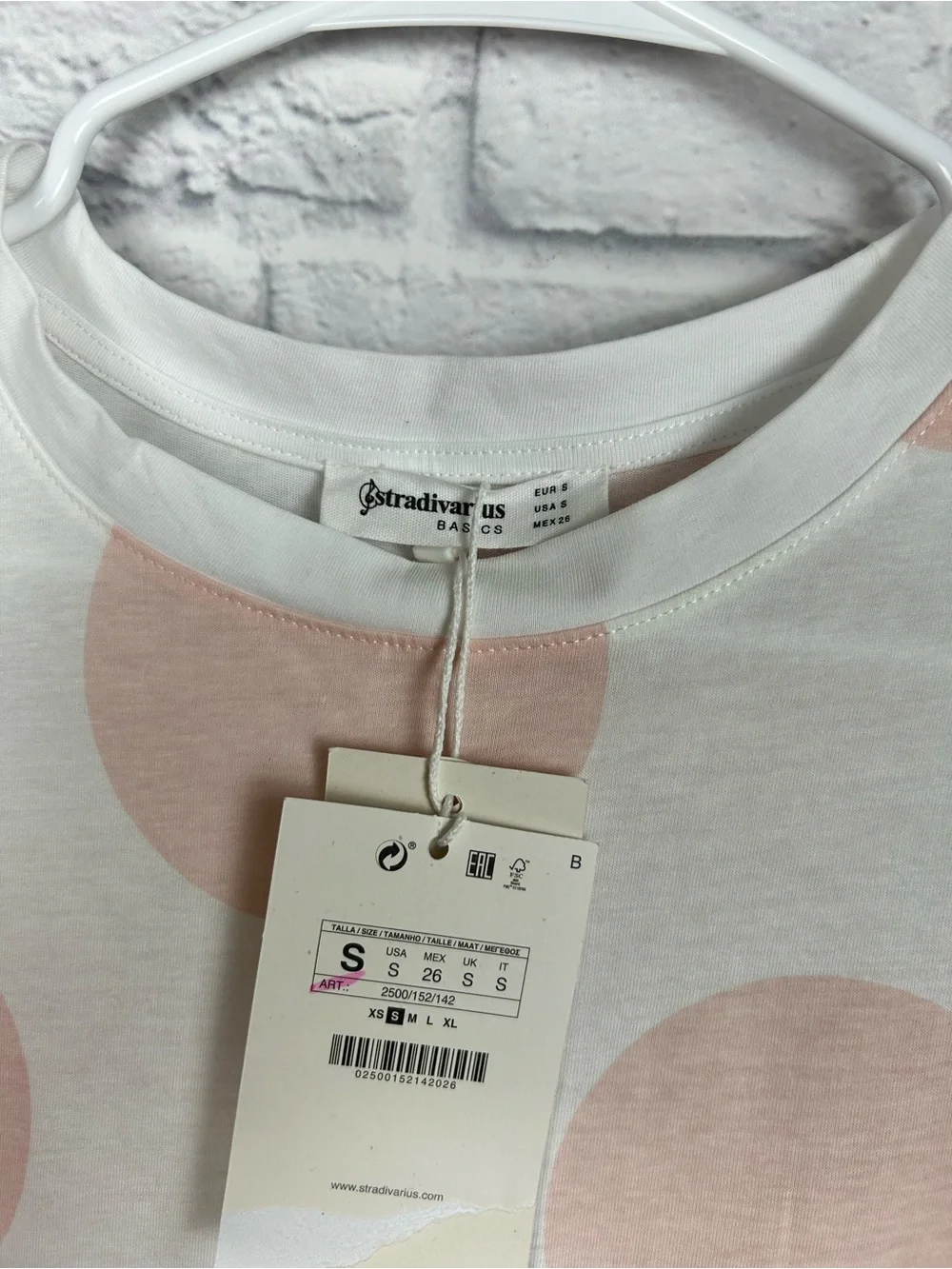 Stradivarius Organic Cotton Polka Dot Tee White Blush Pink Short Sleeve NWT S